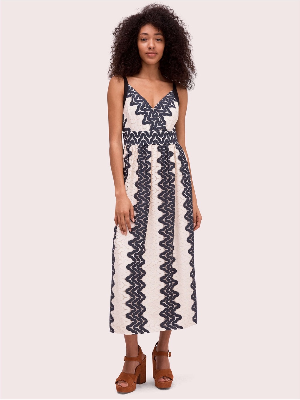 Kate Spade Sleeveless Navy Wave-Stripe V-Neck Midi Dress